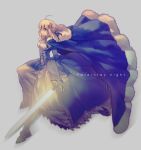  1girl ahoge aushi blonde_hair cape dress excalibur fate/stay_night fate_(series) glowing glowing_sword glowing_weapon green_eyes saber solo sword weapon 