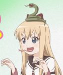  &gt;:d 1girl :d animal_on_head animated animated_gif blonde_hair blue_eyes bow forked_tongue hair_bow hands_up long_hair lowres open_mouth school_uniform screencap serafuku slit_pupils smile snake solo tongue tongue_out toshinou_kyouko yuru_yuri 