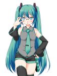  1girl bespectacled blush detached_sleeves glasses green_eyes green_hair hand_on_hip hatsune_miku hikataso long_hair necktie shorts simple_background solo thigh-highs twintails very_long_hair vocaloid white_background 
