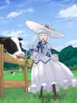  1girl blue_hair blush closed_eyes cow dress flower hat kimishin long_hair open_mouth original outdoors smile solo 
