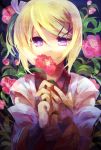  1girl blonde_hair bridal_gauntlets detached_sleeves flower hand_on_another&#039;s_chest highres japanese_clothes kagamine_rin looking_at_viewer multicolored_eyes project_diva sachirika short_hair smile solo vocaloid 