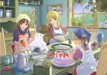  3girls apron baking blonde_hair brown_hair cake chair cream cup food head_scarf long_hair multiple_girls original plant potted_plant table teacup violet_eyes yellow_eyes yoropa 