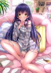  1girl :o anklet barefoot blue_hair blurry blush book bookshelf brown_eyes couch depth_of_field digital_media_player headphones headphones_around_neck highres jewelry legs long_hair love_live!_school_idol_project mechanical_pencil off_shoulder pencil pillow sitting solo sonoda_umi strap_slip striped striped_sweater sweater swordsouls very_long_hair yokozuwari 