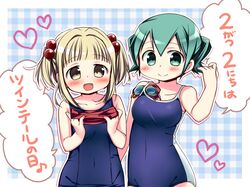  blush brown_eyes goggles green_eyes green_hair hidamari_sketch light_brown_hair nagayama_yuunon nazuna nori school_swimsuit short_hair short_twintails smile swimsuit twintails 