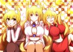  3girls animal_ears blonde_hair blush breasts brooch cleavage closed_eyes cosplay fox_ears fox_tail jewelry large_breasts long_sleeves lunasa_prismriver lunasa_prismriver_(cosplay) lyrica_prismriver lyrica_prismriver_(cosplay) merlin_prismriver merlin_prismriver_(cosplay) merry_(diameri) multiple_girls multiple_persona no_hat no_headwear open_mouth short_hair sitting skirt smile tail touhou yakumo_ran yellow_eyes 