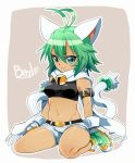  1girl animal_ears antenna_hair bell belt beryl_(shinrabanshou) blue_eyes boots cat_ears cat_tail character_name green_hair jingle_bell kneeling looking_at_viewer midriff mofuaki_(yoshiaki) multiple_tails navel scarf shinrabanshou short_hair shorts smile solo tail 