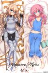  1boy androgynous armor barefoot blue_eyes blush book dakimakura dual_persona fingerless_gloves flag fusion glasses gloves inazuma_eleven_(series) inazuma_eleven_go inazuma_eleven_go_chrono_stone jeanne_d&#039;arc_(inazuma_eleven) kirino_ranmaru long_hair looking_at_viewer lying male mataro navel on_back open_mouth pillow pink_hair signature solo thigh_gap trap watermark web_address wide_hips 