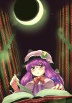  1girl bespectacled book bookshelf bow crescent glasses hair_bow hat long_hair nise_nanatsura patchouli_knowledge purple_hair reading solo touhou violet_eyes 