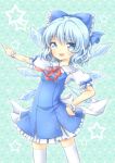  1girl blue_background blue_dress blue_eyes blue_hair bow cirno dress hair_bow hand_on_hip ice ice_wings looking_at_viewer mi_hitsuji open_mouth outstretched_arm puffy_sleeves shirt short_sleeves smile solo star thigh-highs touhou v white_legwear wings wrist_cuffs zettai_ryouiki 