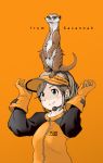  1girl animal animal_on_head brown_eyes brown_hair gloves jacket meerkat microphone orange_(color) original popman3580 short_hair smile text visor_cap 