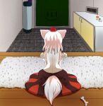  1girl animal_ears bone cabinet carpet clock computer_mouse contemporary detached_sleeves doorway from_behind hat interior inubashiri_momiji mushroom pom_pom_(clothes) seiza short_hair sitting skirt solo tail tile_floor tiles tochinoko tokin_hat touhou waiting white_hair wolf_ears wolf_tail wooden_floor 