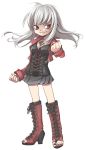  1girl albino boots clenched_hand cropped_jacket cross-laced_footwear lace-up_boots long_hair original red_eyes skirt smile solo tattoo toukai-analogue white_background white_hair 