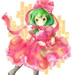  1girl boots bow cross-laced_footwear dress frills front_ponytail green_eyes green_hair hair_bow hair_ribbon highres kagiyama_hina long_hair looking_at_viewer monchi_(kashiwa2519) orange_background petticoat puffy_short_sleeves puffy_sleeves red_dress ribbon short_sleeves skirt_hold smile solo striped striped_background touhou wrist_ribbon 