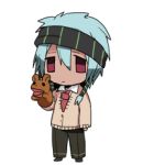  1boy blue_hair chibi erubo expressionless hand_puppet headband lowres necktie original pants puppet red_eyes ronaldo_castroneves school_uniform simple_background solo white_background 