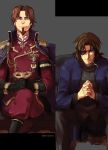  2boys blue_eyes brown_eyes brown_hair cross cross_necklace crossed_legs epaulettes eyepatch facial_hair fate/stay_night fate/zero fate_(series) gloves goatee jewelry kotomine_kirei military military_uniform mouth_hold multiple_boys necklace rickar sitting title_drop toosaka_tokiomi uniform 