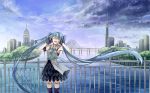  1girl blue_hair bridge cityscape closed_eyes clouds dress floating_hair gloves hatsune_miku long_hair nasuko necktie open_mouth sky solo thigh-highs twintails very_long_hair vocaloid water 