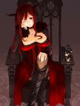  1girl black_legwear blush boots breasts chair cleavage fur_trim highres horns large_breasts lips long_hair looking_at_viewer maou_(maoyuu) maoyuu_maou_yuusha miso_ni red_eyes redhead sitting smile solo thigh-highs wink 