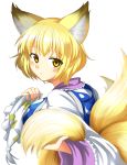  1girl animal_ears blonde_hair fox_ears fox_tail hat hat_removed headwear_removed japanese_clothes long_sleeves looking_at_viewer looking_back mitsuami multiple_tails short_hair simple_background solo tabard tail tail_hold touhou white_background wide_sleeves yakumo_ran yellow_eyes 
