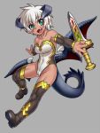  1girl :d bare_shoulders black_legwear boots breasts cleavage collarbone detached_sleeves dragon_girl dragon_horns dragon_tail dragon_wings eyebrows gochou_(kedama) green_eyes horns looking_at_viewer open_mouth original pointy_ears short_hair smile sword tail thick_eyebrows thigh-highs thigh_boots weapon wings 