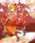  1girl aki_shizuha alternate_costume blonde_hair hand_on_own_cheek japanese_clothes kimono leaf leaf_on_head long_sleeves looking_at_viewer ringetsumon sandals short_hair solo teapot touhou wide_sleeves wink yellow_eyes zouri 