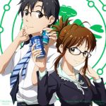  1boy 1girl akizuki_ritsuko black_eyes black_hair brown_eyes brown_hair glasses idolmaster kouchou long_hair necktie ponytail producer_(idolmaster) short_hair soda_can 