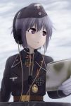  1girl akahige brown_eyes grey_hair hat headphones military military_uniform nagato_yuki solo suzumiya_haruhi_no_yuuutsu uniform 
