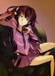  1girl black_eyes long_hair monogatari_(series) purple_hair school_uniform senjougahara_hitagi stapler 