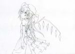  1girl flandre_scarlet highres lineart long_hair looking_at_viewer looking_back monochrome simple_background sketch smile solo touhou traditional_media yukimiru 