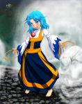  1girl barefoot blue_eyes blue_hair clenched_hand colored_eyelashes date8619 full_body jewelry kesa kumoi_ichirin long_hair long_sleeves necklace open_mouth pendant standing touhou ufo unzan wide_sleeves 
