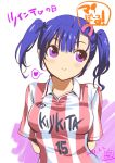  1girl alternate_hairstyle arms_behind_back blue_hair blush breasts dated hair_ornament hairclip heart inoue_sora looking_away mai_ball! miyano_mai signature smile soccer_uniform solo spoken_heart translation_request twintails vertical_stripes violet_eyes 