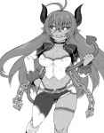  1girl antenna_hair astaroth_(shinrabanshou) black_and_white black_sclera breasts chain choker cleavage corset dark_skin demon_girl fangs hand_on_hip horns large_breasts long_hair mismatched_legwear monochrome open_mouth pointy_ears shinrabanshou single_thighhigh slit_pupils solo succubus tail tail_hold thigh-highs thigh_strap tsukudani_(coke-buta) 