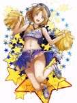  1girl :d belt blonde_hair blue_eyes cheerleader female hat jumping komecchi midriff navel open_mouth original outstretched_arms pom_poms shoes short_hair skirt smile sneakers socks solo star 