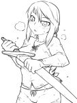  1girl agrias_oaks braid breasts final_fantasy final_fantasy_tactics heavy_breathing lineart long_hair monochrome scabbard sheath sheathed single_braid solo sweat sword tsukudani_(coke-buta) weapon 