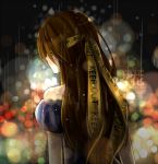  1girl bare_shoulders blindfold brown_hair caution_tape from_behind light_particles long_hair original rain sabaku_no_hana solo 
