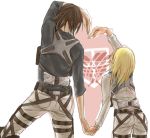  2girls christa_renz from_behind hair_down heart height_difference holding_hands kaichou-sama multiple_girls pants pose shingeki_no_kyojin short_hair three-dimensional_maneuver_gear ymir_(shingeki_no_kyojin) 