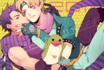  2boys blonde_hair caesar_anthonio_zeppeli facial_mark fingerless_gloves gloves green_eyes green_jacket hand_puppet happy_new_year jacket jojo_no_kimyou_na_bouken joseph_joestar_(young) kuchiyahaku midriff multiple_boys puppet purple_hair scarf yellow_eyes 