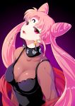  1girl adult bishoujo_senshi_sailor_moon black_lady breasts chibi_usa cleavage double_bun earrings eloosia facial_mark forehead_mark frown jewelry lips long_hair pink_hair purple_background red_eyes sash solo twintails 