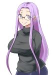  1girl arms_behind_back blush breasts fate/stay_night fate_(series) glasses huge_breasts large_breasts long_hair purple_hair rider rimless_glasses simple_background smile solo sweater violet_eyes white_background zanku 