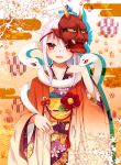  1girl absurdres bell fang flower goma_(11zihisin) highres horn japanese_clothes kimono long_hair mask original pointy_ears red_eyes smile snake solo standing traditional_clothes white_hair 