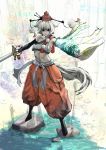  1girl alternate_costume alternate_weapon animal_ears bombomb25 detached_sleeves frown hat highres inubashiri_momiji red_eyes short_hair silver_hair single_sleeve solo standing sword tail tokin_hat touhou weapon wolf_ears wolf_tail 