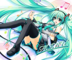  1girl aoi_hiro aqua_eyes aqua_hair character_name detached_sleeves electric_guitar guitar hatsune_miku headset instrument long_hair musical_note necktie open_mouth plectrum skirt solo thighhighs twintails very_long_hair vocaloid 