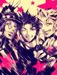  3boys araki_(bouncer) beard double_v facial_hair glasses hat jojo_no_kimyou_na_bouken joseph_joestar joseph_joestar_(young) multiple_boys multiple_persona old_man scarf tuque v violet_eyes wink young 