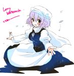  1girl apron blue_eyes blush breasts character_name hat letty_whiterock long_sleeves open_mouth purple_hair scarf short_hair skirt smile snow solo takamura touhou 