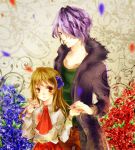  1boy 1girl brown_eyes brown_hair couple flower garry_(ib) hair_flower hair_ornament hair_over_one_eye hands_together ib ib_(ib) kyashii_(a3yu9mi) petals purple_hair rose 