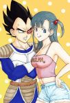  1boy 1girl :q annoyed aqua_hair armor black_eyes black_hair blue_eyes breasts bulma camisole cleavage clenched_teeth crossed_arms denim denim_shorts dragon_ball dragon_ball_z earrings faux_traditional_media hair_ornament hand_on_shoulder jewelry pink_top shorts side_ponytail spiky_hair sweatdrop tail tongue vegeta yrk_yuriko 