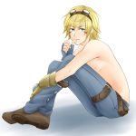  1boy belt blonde_hair blue_eyes earrings ezreal facial_mark finger_to_mouth fingerless_gloves gloves goggles goggles_on_head jewelry league_of_legends male pants setokaiya shoes short_hair sitting topless 
