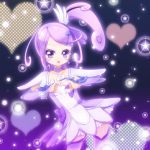  1girl arm_warmers bow choker colored_eyelashes cure_sword curly_hair dokidoki!_precure kenzaki_makoto kurokiri light_particles magical_girl ponytail precure purple purple_background purple_hair purple_legwear ribbon short_hair skirt smile solo sparkle thigh-highs violet_eyes 