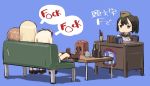  4girls black_hair blonde_hair book boots bottle brown_hair carla_j_luksic character_request chibi couch cup feet_on_table goggles goggles_on_head hat heinrike_prinzessin_zu_sayn-wittgenstein long_hair lowres mug multiple_girls ponytail radio shimada_fumikane sitting strike_witches table translated 