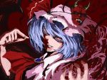  1girl amatou3 ascot blue_hair brooch colored_eyelashes faux_traditional_media hat horns jewelry mask red_eyes remilia_scarlet short_hair smile solo touhou vampire 