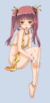  1girl ankleband bare_legs bare_shoulders barefoot fang flat_chest jewelry kawagoe_pochi long_hair necklace open_mouth original pink_hair pointy_ears sitting solo twintails wristband yellow_eyes 